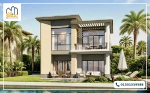 تصميم معماري مودرن لفيلا (ستاند ألون) في قرية يود الساحل الشمالي تطل على حمام سباحة ومساحات خضراء وأشجار نخيل.